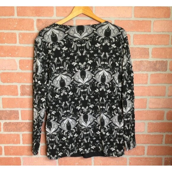 Womens 3X Black Gray Paisley Long-Sleeve Babydoll Top Blouse Twist Front - Picture 4 of 9